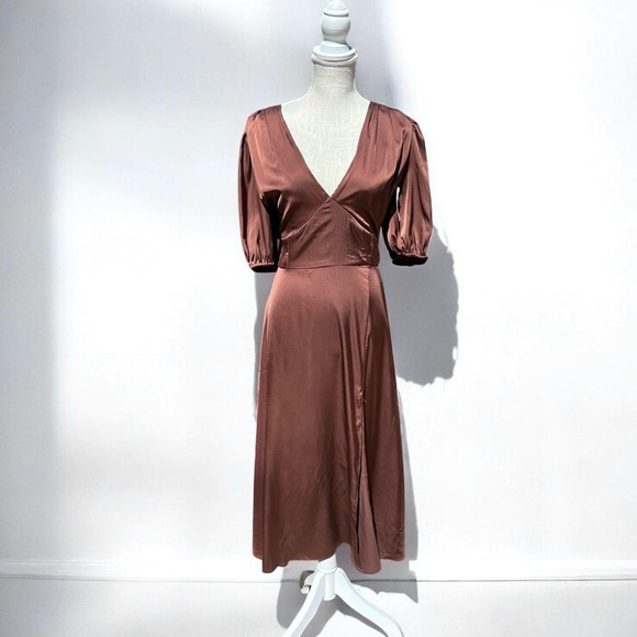 🌻ALEXIA ADMOR V-neck Puff Sleeve Midi Dress In Brown Size 12 | Excellent Cond. - Picture 3 of 11